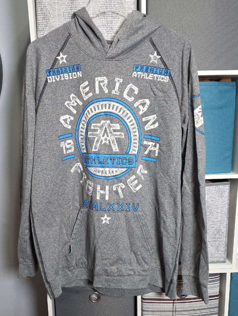 American Fighter Gray Hoodie with Blue Athletic Logo